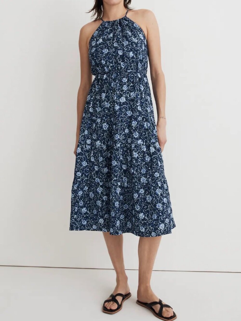Madewell Cross-Back Halter Midi Dress in Vineyard Medallion Navy Blue